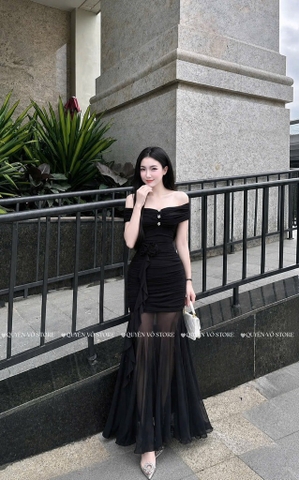 Đầm ôm body trễ vai đá ngực - Đen