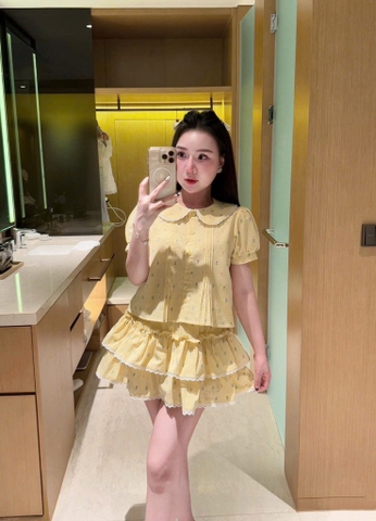 Set hoa nhí cổ sen chân váy - Xanh S