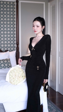 Đầm ôm body tay dài đính bướm - Đen