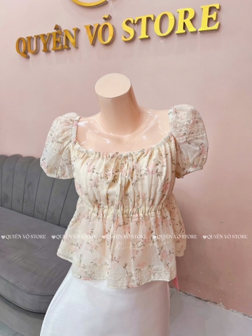 Áo nhún cổ vuông - Hoa hồng