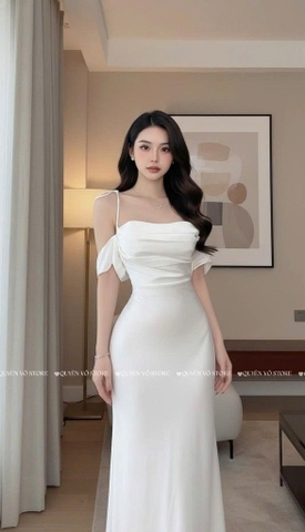 Đầm lụa trễ vai cột dây - TRẮNG