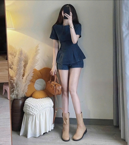 Set jean áo peplum quần short