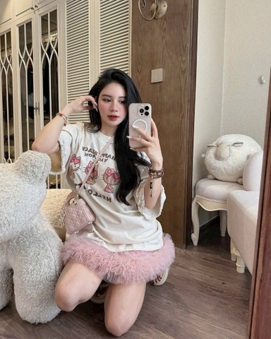 Set áo thun mèo chân váy hồng