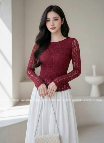 Áo ren ôm body cổ tròn tay dài - Đỏ 1505