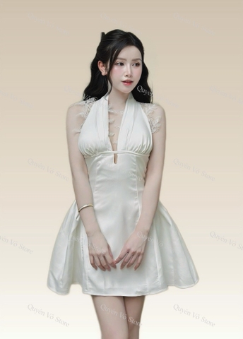 Đầm yếm phối ren lưng - Trắng