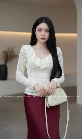 Áo ren ôm body cổ V bèo - Kem 1511