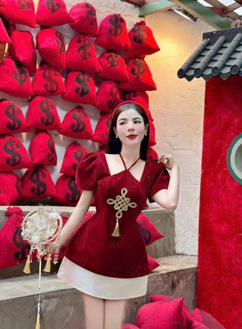 Set yếm nhung đỏ kim sa