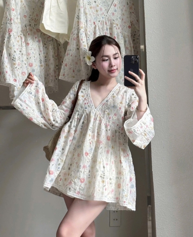 Set Babydoll hoa cổ V tay loe