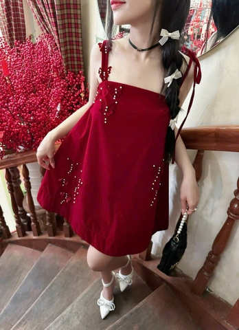Đầm Babydoll nhung 2 dây đính ngọc