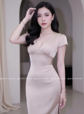 Đầm lụa cổ V - NÂU TÂY