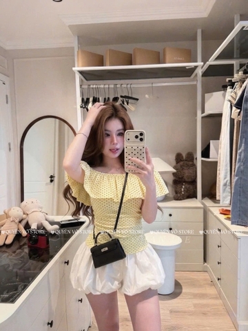 Áo thun trễ vai nhún eo