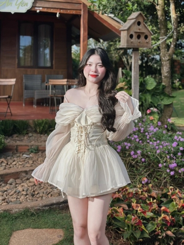Set áo voan nude 2 dây trễ vai tay loe