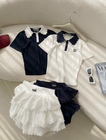 Set áo cổ polo chân váy tầng xòe - Trắng