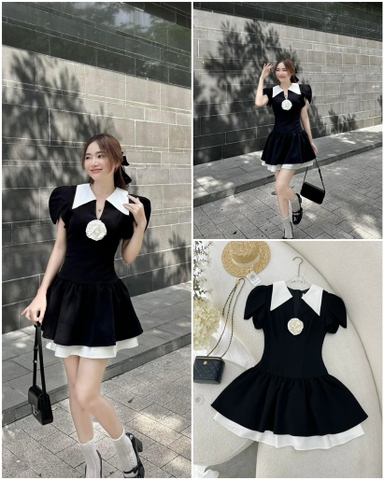 Đầm đen sơ mi cổ trắng đính hoa