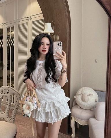 Set ren cổ tròn chân váy tầng