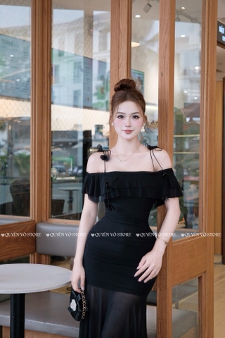 Đầm ôm body trễ vai 2 dây - Đen