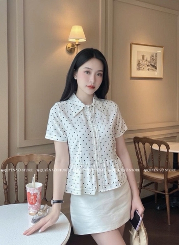 Áo sơ mi babydoll chấm bi trắng - cổ nhọn 1462