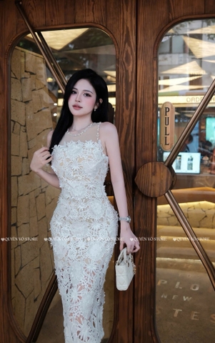 Đầm ôm body ren đính đá - Trắng