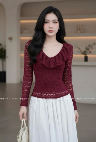 Áo ren ôm body cổ V bèo - Đỏ 1511