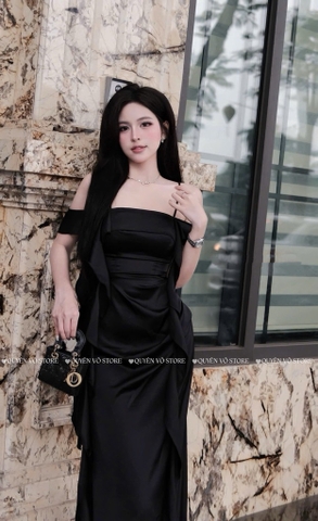 Đầm lụa 2 dây trễ vai - Đen