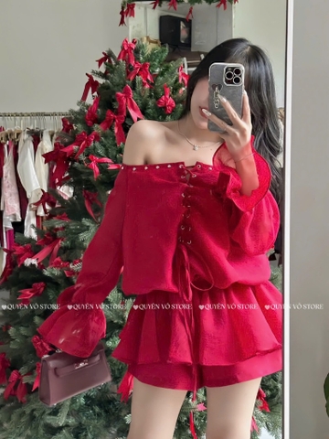 Set áo đỏ trễ vai quần short