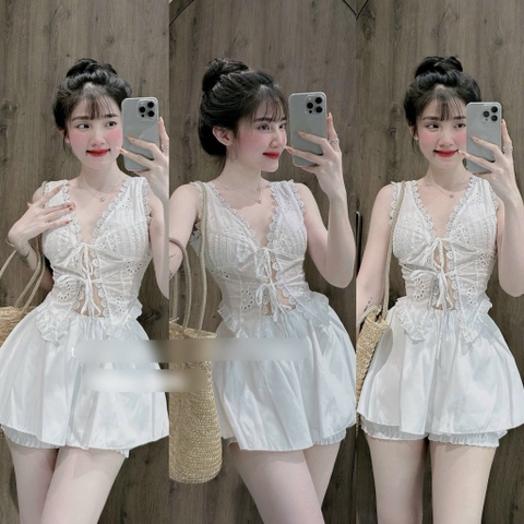 Set áo ren cúp cột dây x chân váy