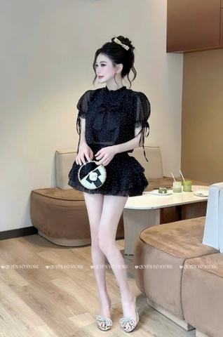 Set chấm bi nơ tiểu thư - Đen