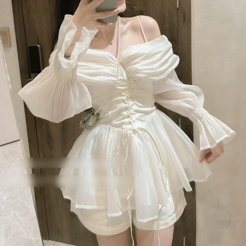Set áo voan nude 2 dây trễ vai tay loe