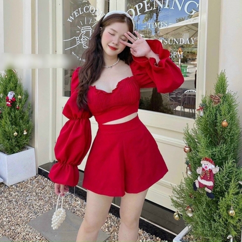 Set crop đỏ xếp li ngực