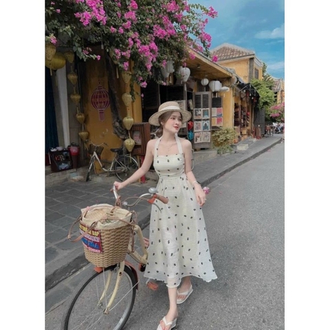 Đầm midi trắng nền hoa cổ yếm  - Freesize