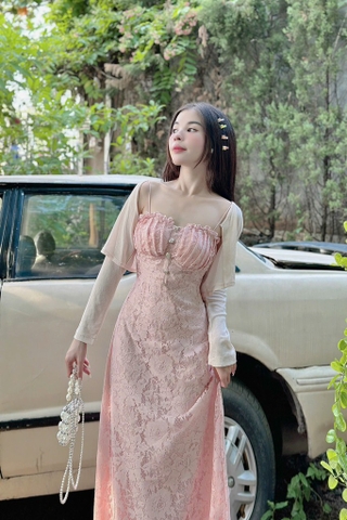 Đầm ren midi xếp li ngực kèm khoác