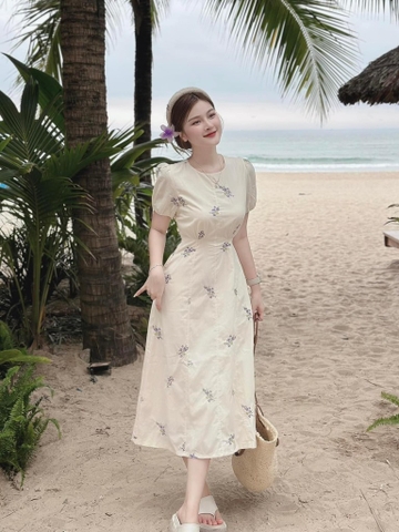 Đầm midi nude nền hoa cổ tròn - Freesize dưới 55kg