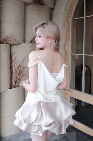 Set áo 2 dây chân váy bí nude tiểu thư