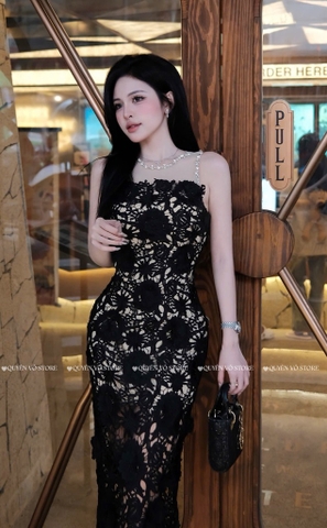 Đầm ôm body ren đính đá - Đen