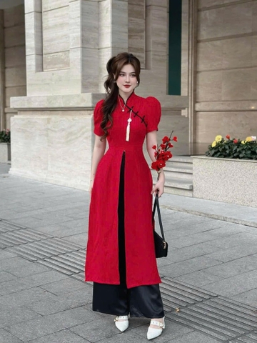 Set áo dài đỏ cách tân cổ tàu quần suông đen