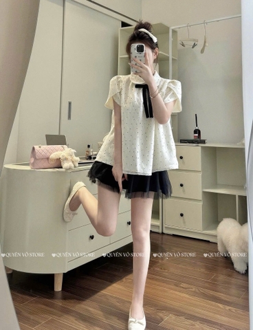 Set áo chấm bi chân váy lưới - 553