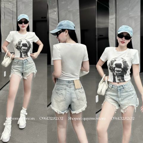 QJ 2185 Quần jean đùi lưng phối ren