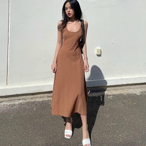 Đầm maxi body nâu 2 dây