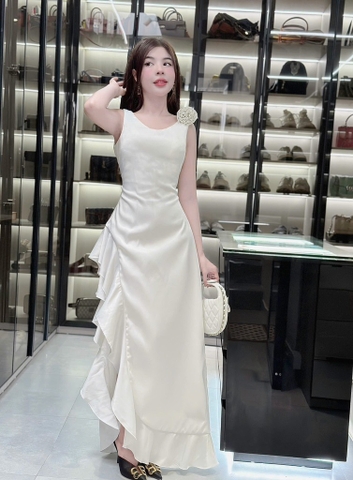 Đầm maxi lụa cúp ngực nơ vai