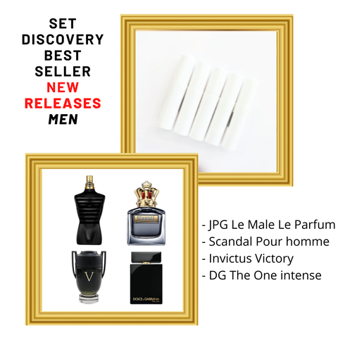 SET DISCOVERY BEST SELLER NEW RELEASES MEN 2ml x 4 (JPG Le male le parfum + Scandal Pour homme + Invictus Victory + DG the one Intense)