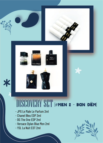 DISCOVERY SET Nam Ban đêm (JPG Le Male Le Parfum 2ml - Chanel Bleu EDP 2ml - DG The One EDP 2ml - Versace Dylan Blue Men 2ml - YSL La Nuit EDT 2ml)