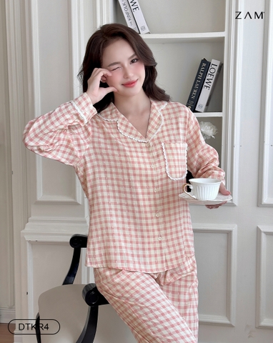 MÃ DTKR - BỘ DÀI TAY KẺ VISCOSE PHỐI REN