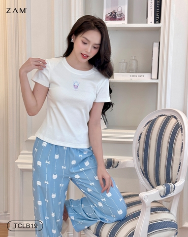 MÃ TCLB19 - BỘ NGẮN TAY QUẦN DÀI COTTON & TẰM LẠNH MÈO NƠ XANH