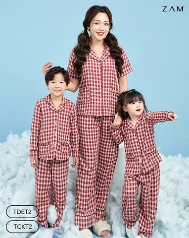 MÃ TDET2 - BỘ DÀI TAY TRẺ EM KẺ THÔ COTTON - MÀU ĐỎ