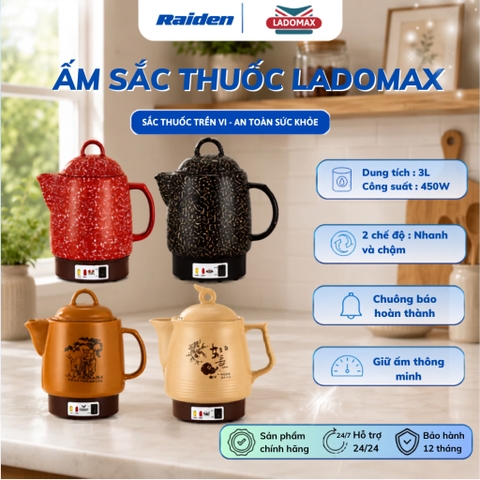 Ấm Sắc Thuốc, Siêu Thuốc Tự Ngắt 3.3L LADOMAX ECO-8833 Có Chuông, Thân Gốm Tráng Men, Tự Ngắt Đun Khi Còn 1 Chén