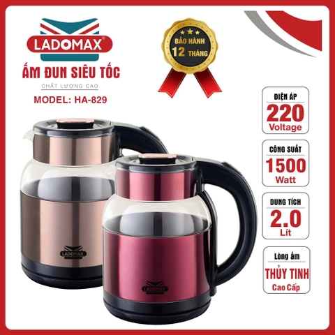 Ấm đun siêu tốc thủy tinh Ladomax Ha-829 (1tx12)