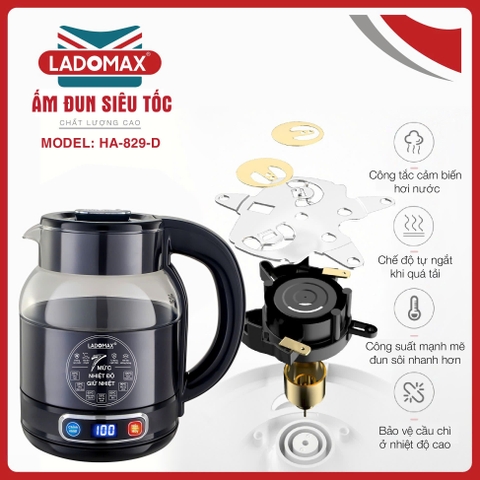 Ấm siêu tốc giữ ấm thủy tinh 2.0L Ladomax Ha-829D, điện tử (1tx12)
