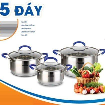 Bộ 3 nồi inox 5 đáy Povena PVN-C5, Size 16/20/24 cm