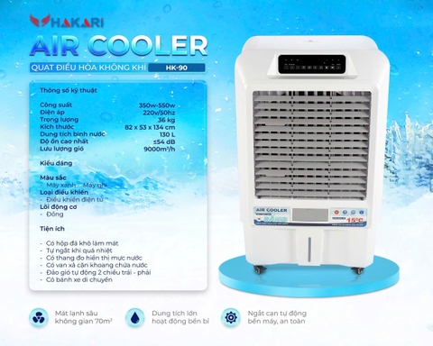 Quạt làm mát 130L, 350W điện tử Hakari HK90 Remote