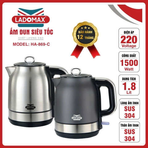 Ấm đun siêu tốc 1.8L inox 304 Ladomax Ha-869C, Cơ (1tx12)